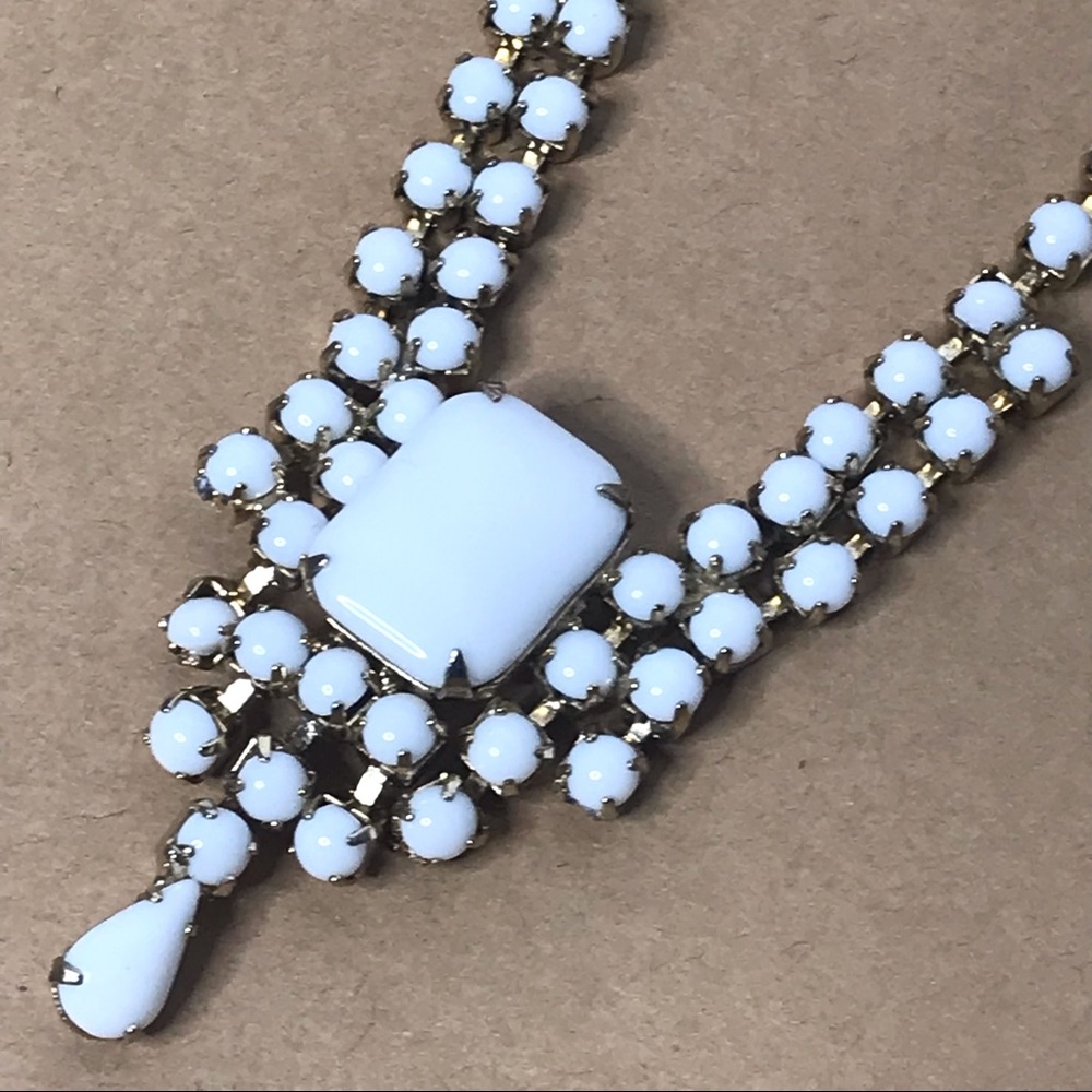 Vintage Milk Glass Choker Necklace White Stones Retro Dangly Fringe